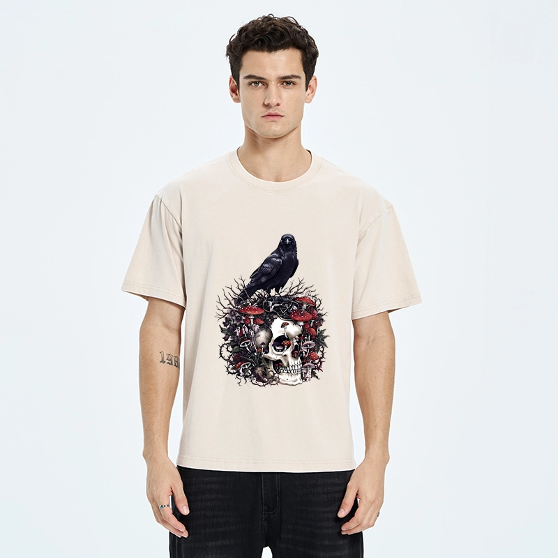 Tokyo-Tiger Crow Skull Mushroom Art Washed T-Shirt