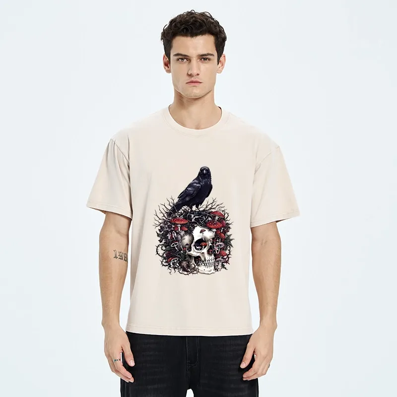 Tokyo-Tiger Crow Skull Mushroom Art Washed T-Shirt