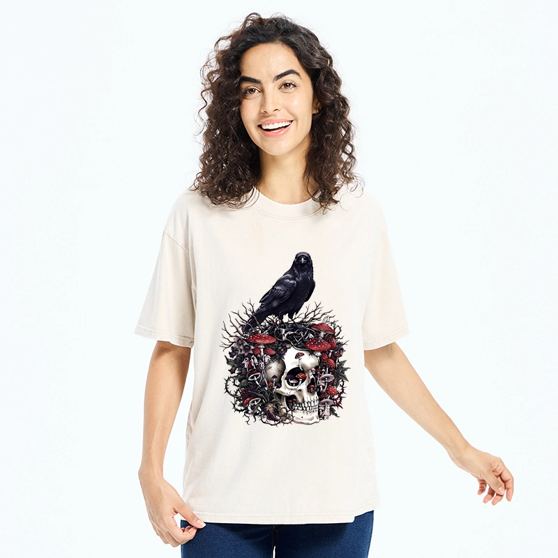 Tokyo-Tiger Crow Skull Mushroom Art Washed T-Shirt