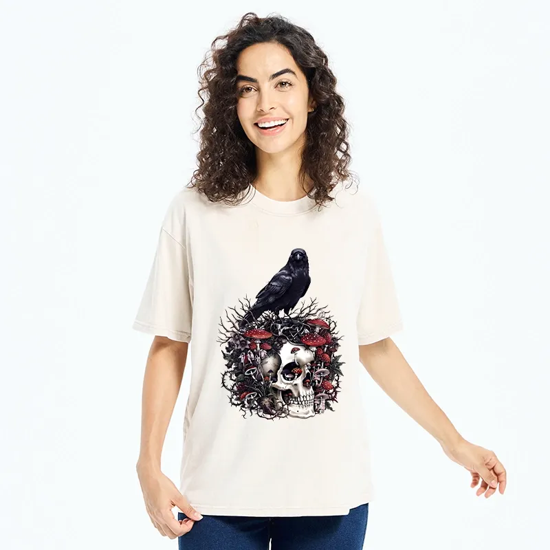 Tokyo-Tiger Crow Skull Mushroom Art Washed T-Shirt