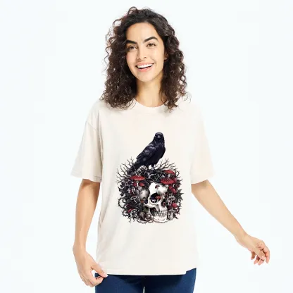 Tokyo-Tiger Crow Skull Mushroom Art Washed T-Shirt