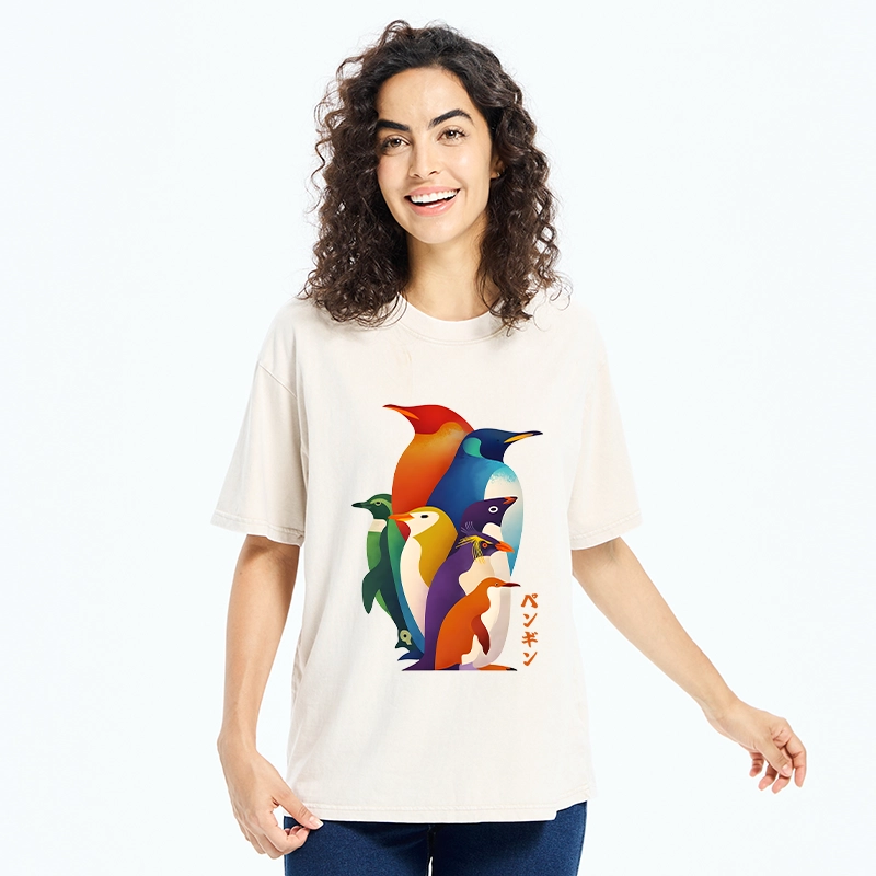 Tokyo-Tiger Cute Multi Tone Penguins Washed T-Shirt