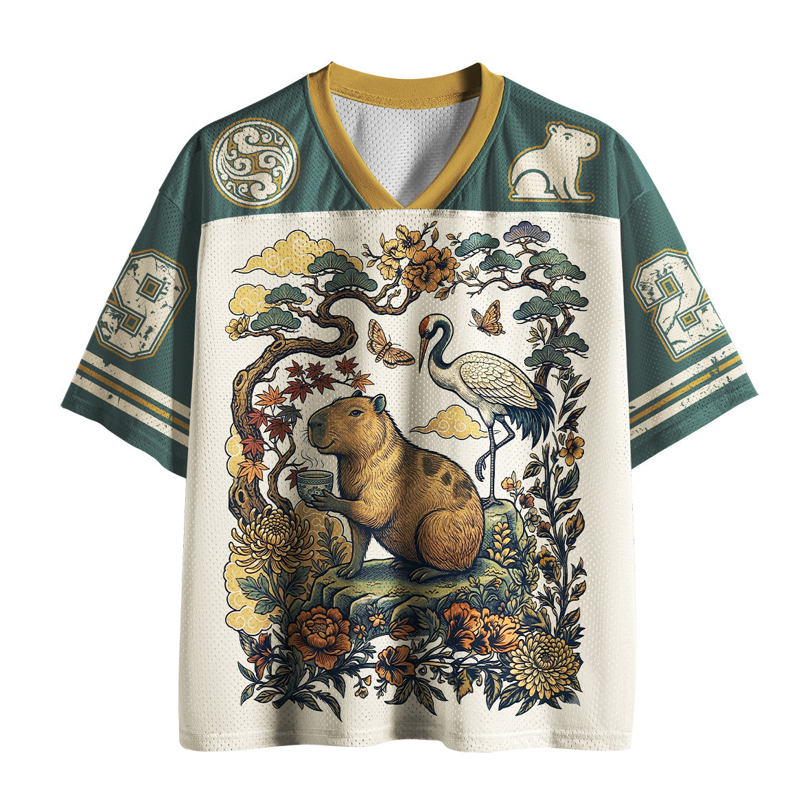 Tokyo-Tiger Stay Chill Crane Capybara Oriental Pine Floral No.29 Mesh Jersey