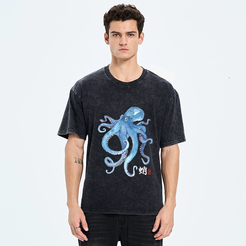 Tokyo-Tiger Watercolor Blue Octopus Washed T-Shirt