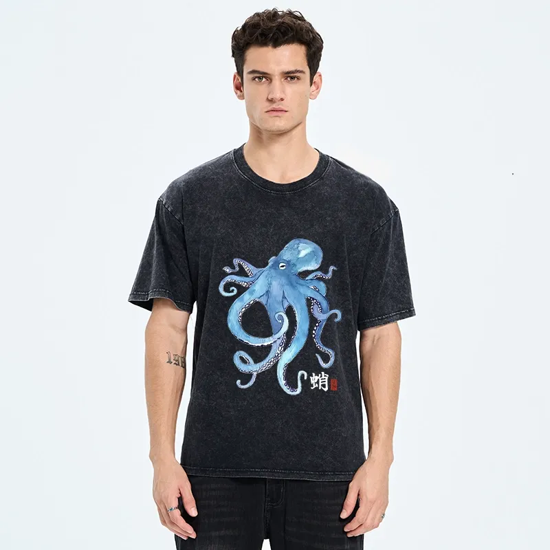 Tokyo-Tiger Watercolor Blue Octopus Washed T-Shirt