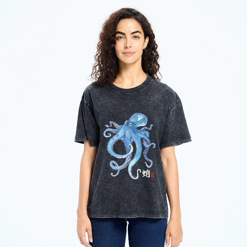 Tokyo-Tiger Watercolor Blue Octopus Washed T-Shirt