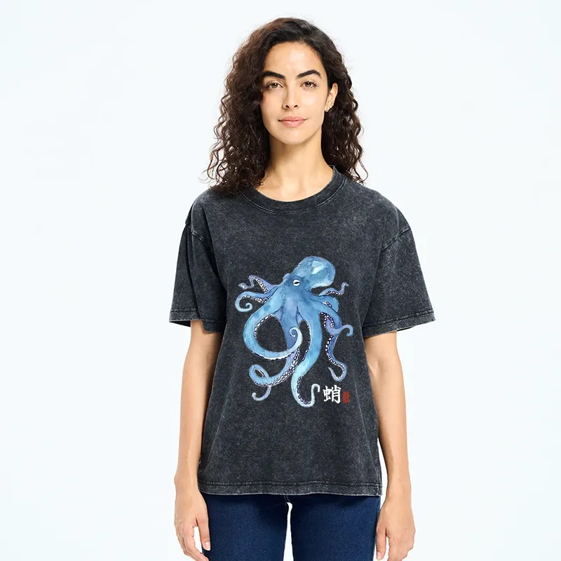 Tokyo-Tiger Watercolor Blue Octopus Washed T-Shirt