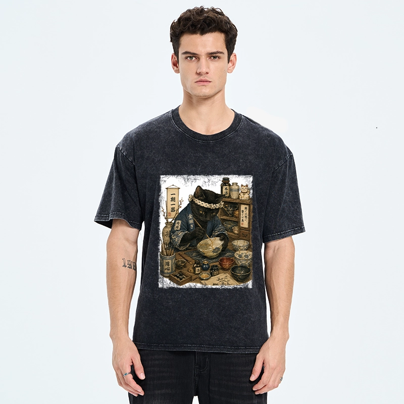 Tokyo-Tiger One Time Meeting Cat Art Washed T-Shirt
