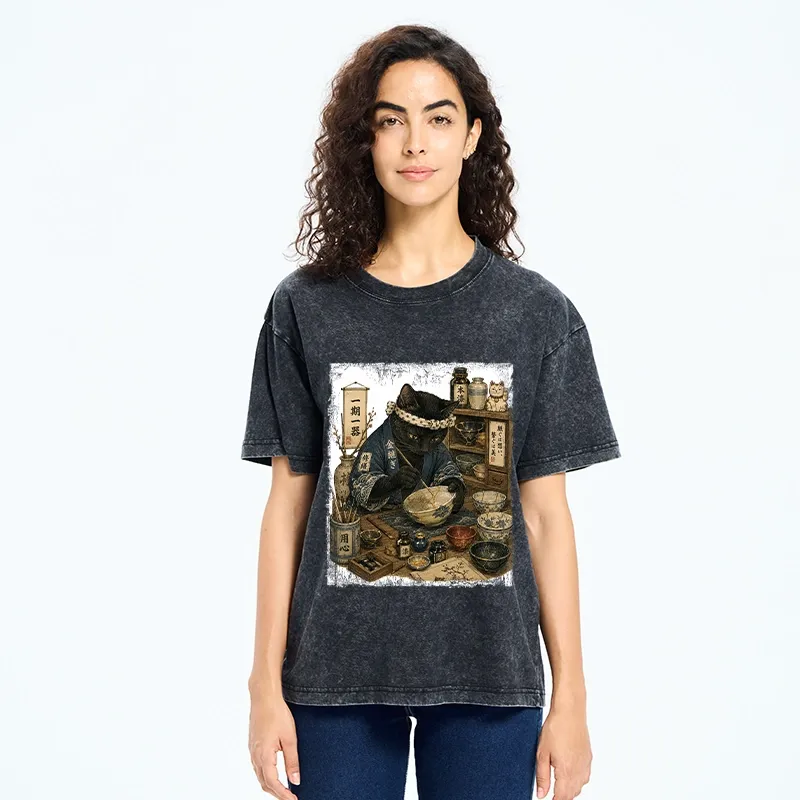 Tokyo-Tiger One Time Meeting Cat Art Washed T-Shirt
