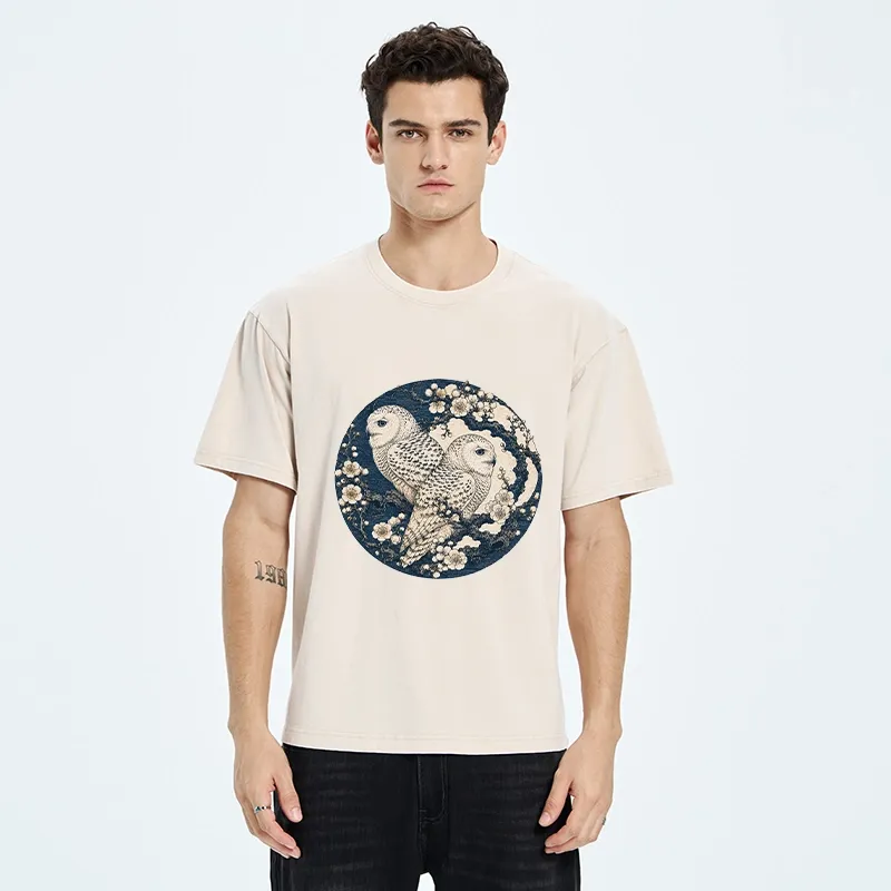 Tokyo-Tiger Snow Owl Plum Blossom Art Washed T-Shirt