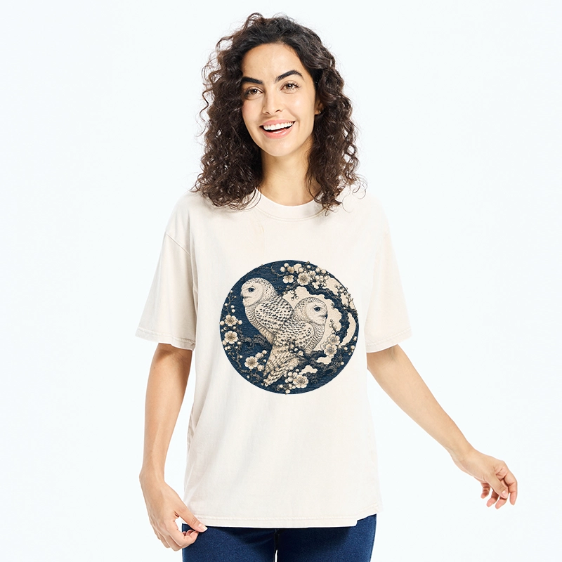 Tokyo-Tiger Snow Owl Plum Blossom Art Washed T-Shirt