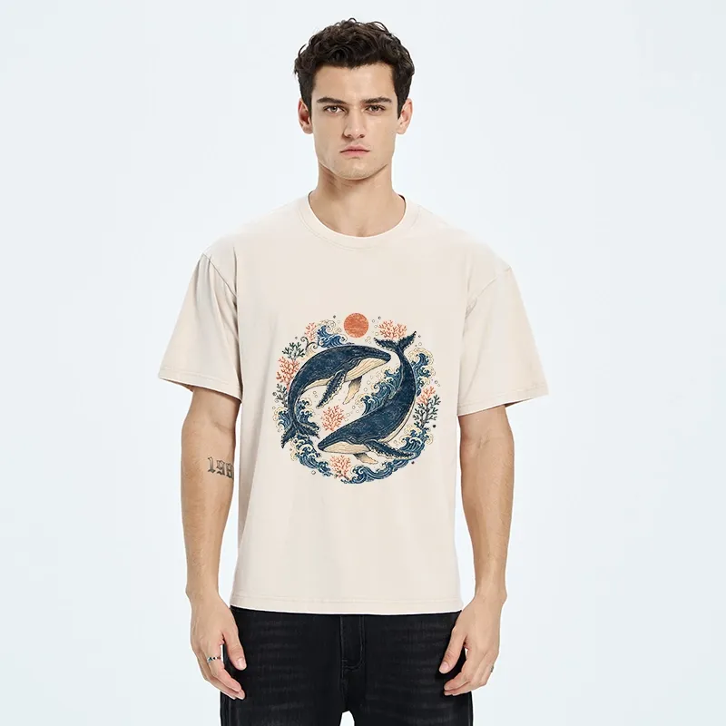 Tokyo-Tiger Twin Whale Wave Ukiyo Washed T-Shirt