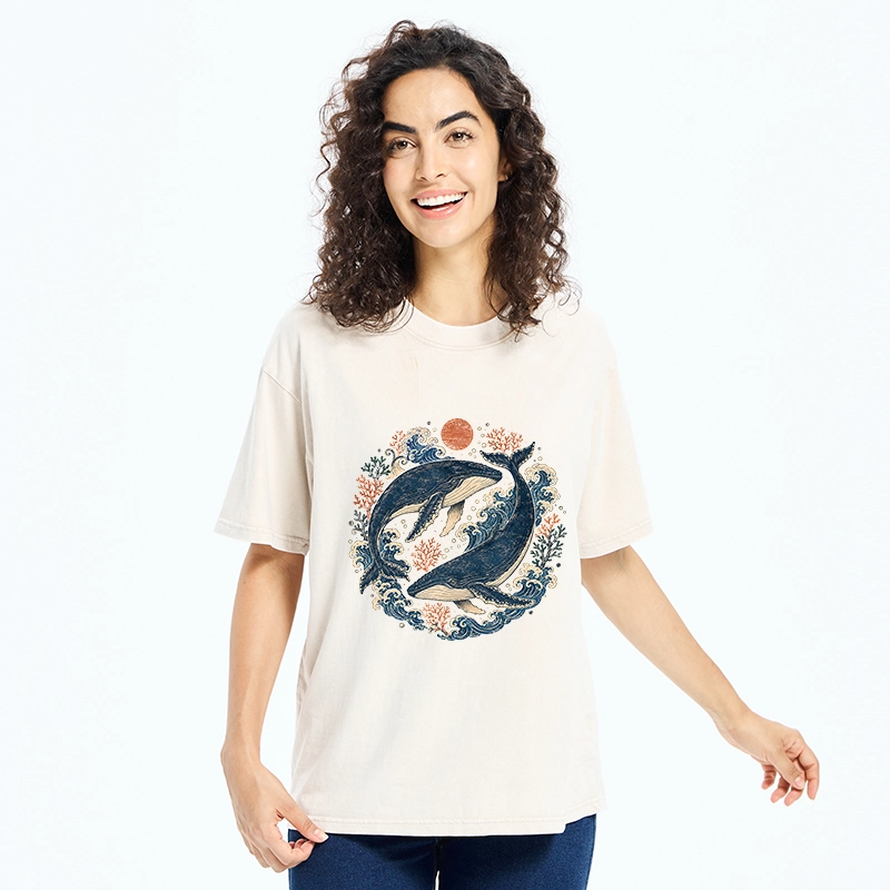 Tokyo-Tiger Twin Whale Wave Ukiyo Washed T-Shirt