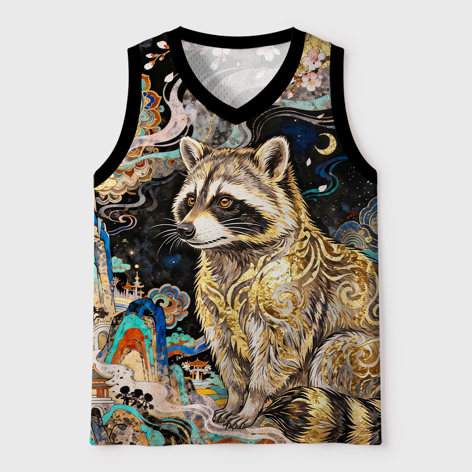 Tokyo-Tiger Golden Filigree Raccoon Starry Oriental Landscape Mesh Tank Top