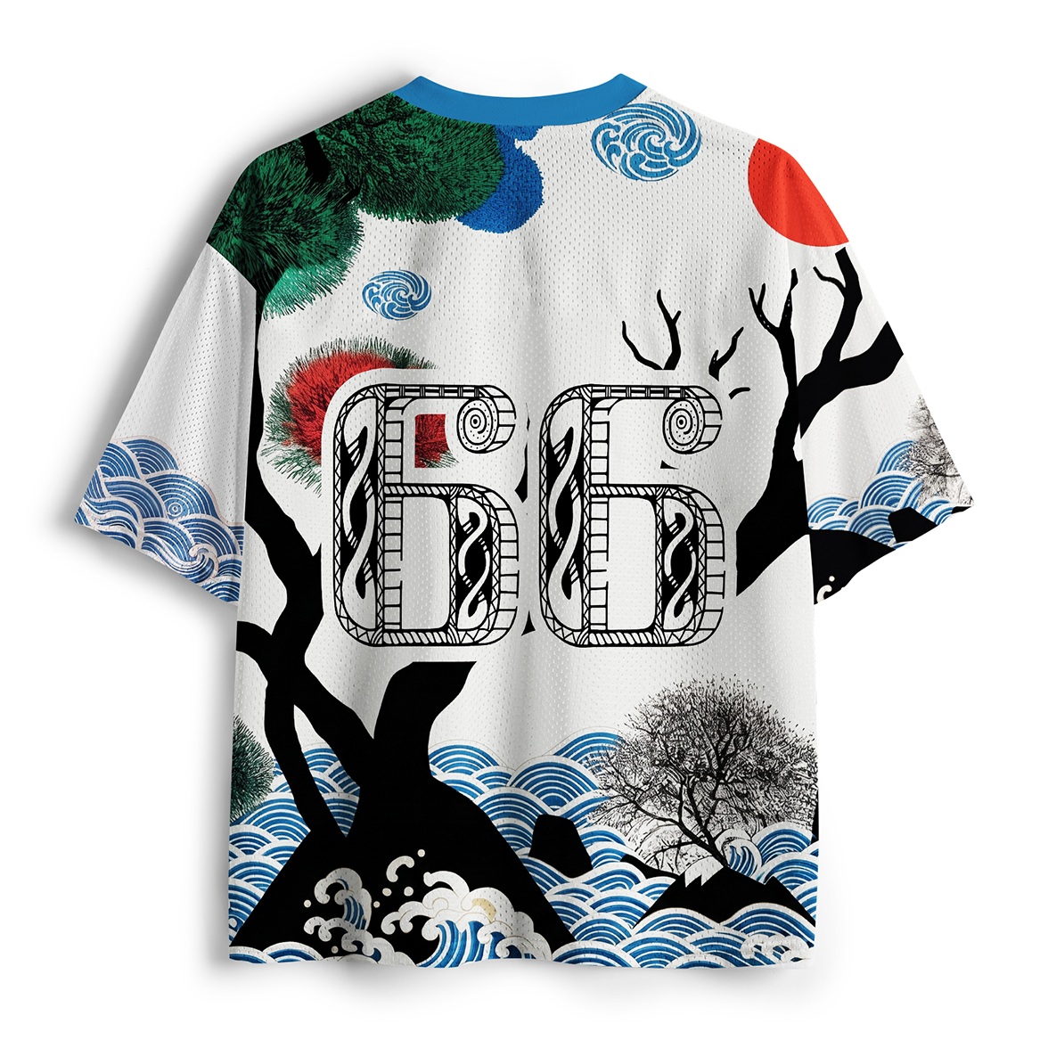Tokyo-Tiger Ukiyo-e Owl Red Sun Pine Wave Mesh Jersey