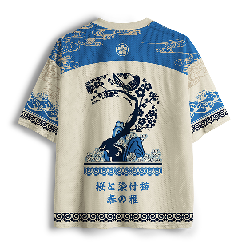 Tokyo-Tiger Porcelain Cat Beneath Sakura Mesh Jersey