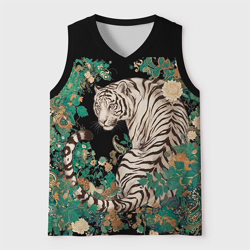 Tokyo-Tiger White Tiger In Emerald Florals Mesh Tank Top