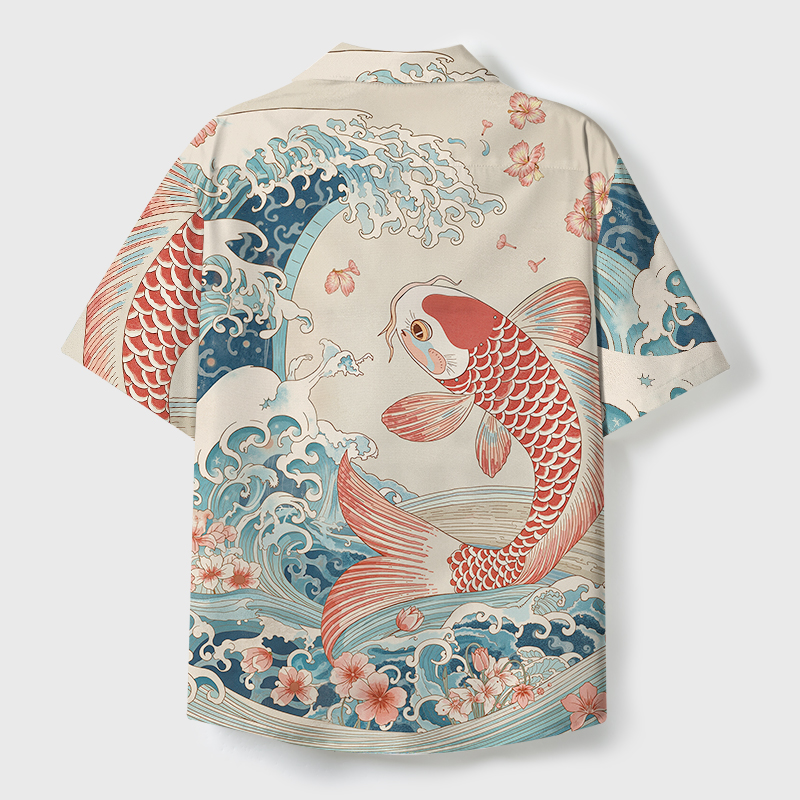 Tokyo-Tiger Koi With Sakura Waves Cuban Collar Shirt
