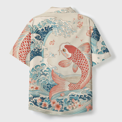Tokyo-Tiger Koi With Sakura Waves Cuban Collar Shirt