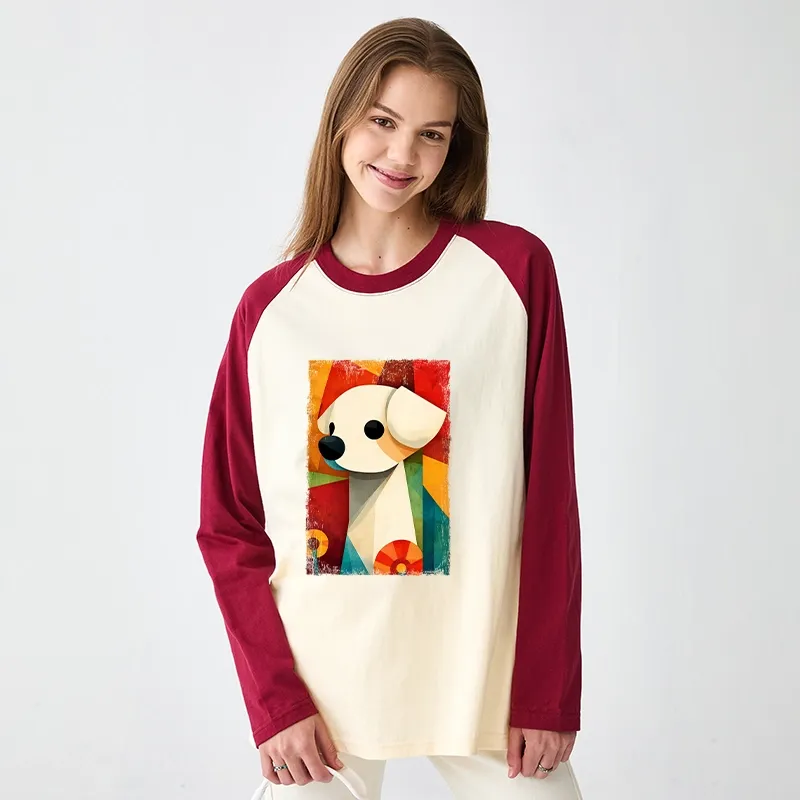 Tokyo-Tiger Retro Abstract Color Block Puppy Art Raglan Long Sleeve T-shirt