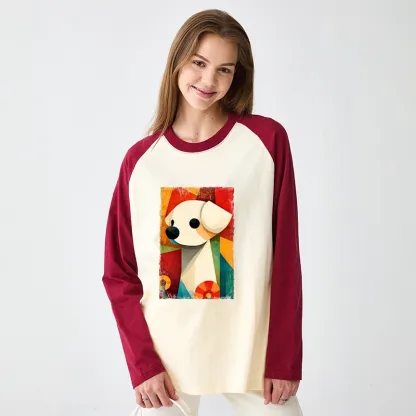 Tokyo-Tiger Retro Abstract Color Block Puppy Art Raglan Long Sleeve T-shirt