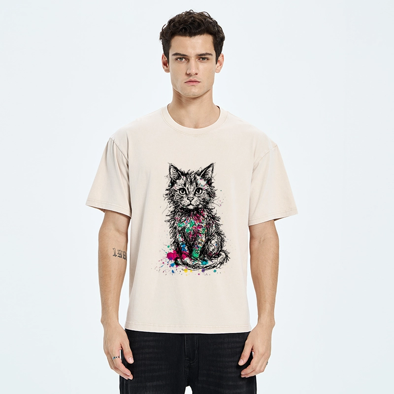 Tokyo-Tiger Splash Ink Art Cat Washed T-Shirt