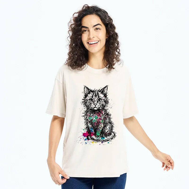Tokyo-Tiger Splash Ink Art Cat Washed T-Shirt