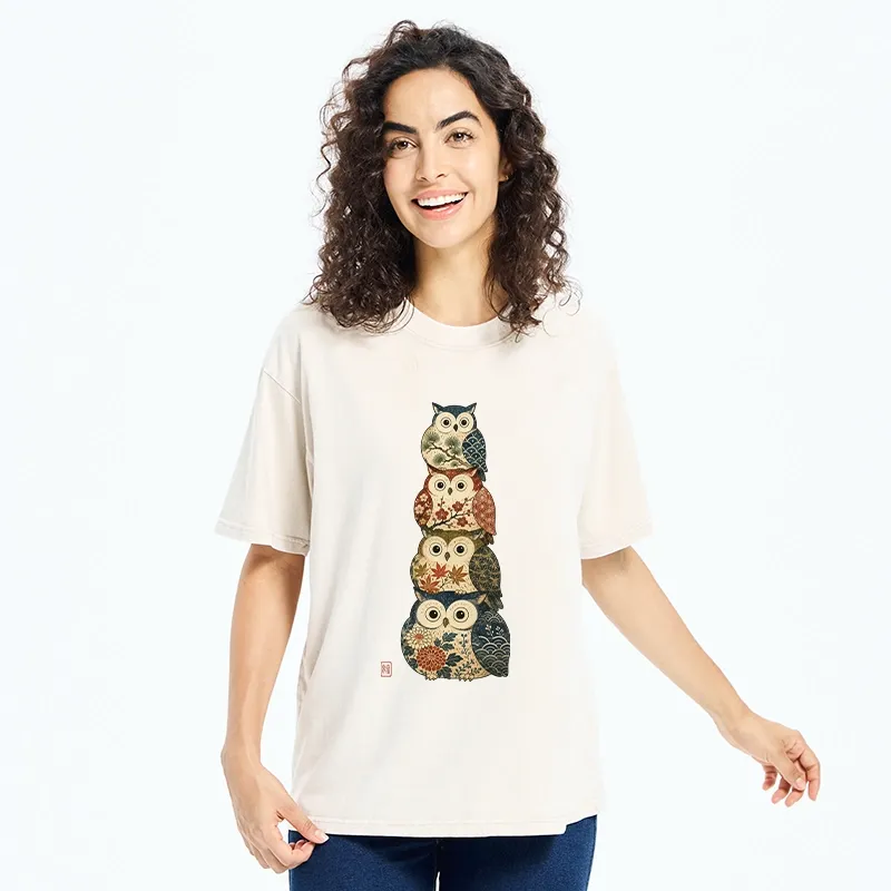 Tokyo-Tiger Stacked Floral Owls Washed T-Shirt