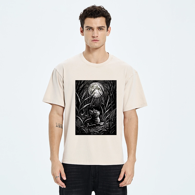 Tokyo-Tiger Woodcut Night Cat Print Washed T-Shirt