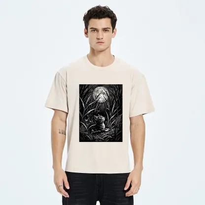 Tokyo-Tiger Woodcut Night Cat Print Washed T-Shirt