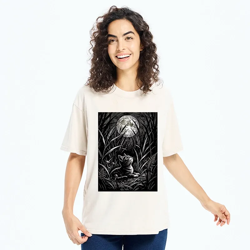 Tokyo-Tiger Woodcut Night Cat Print Washed T-Shirt
