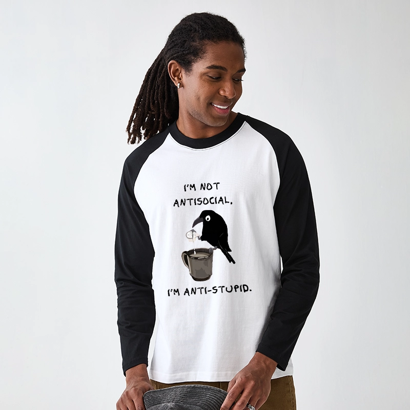 Tokyo-Tiger Cool Crow Sips Calm Coffee Alone Raglan Long Sleeve T-shirt