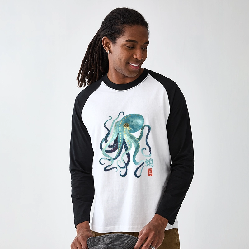 Tokyo-Tiger Soft Watercolor Octopus Japanese Art Raglan Long Sleeve T-shirt