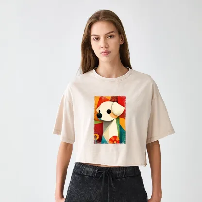 Tokyo-Tiger Retro Abstract Color Block Puppy Art Women's Washed Crop T-Shirt