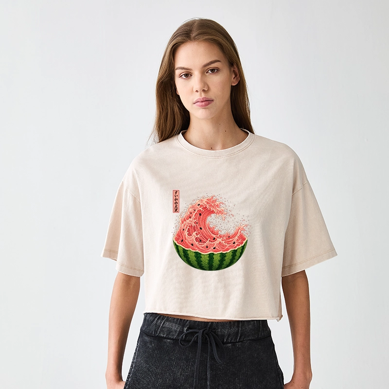 Tokyo-Tiger Watermelon Wave Summer Ukiyo Art Women's Washed Crop T-Shirt