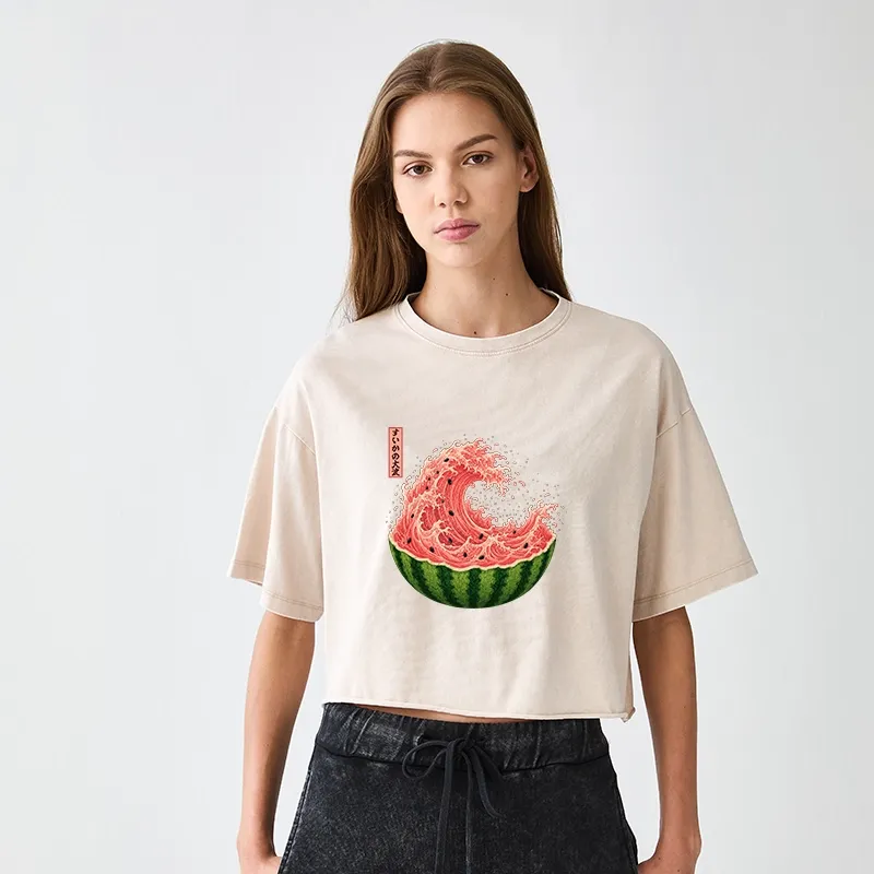 Tokyo-Tiger Watermelon Wave Summer Ukiyo Art Women's Washed Crop T-Shirt