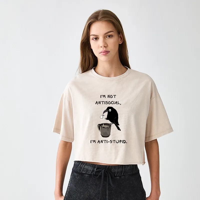 Tokyo-Tiger Cool Crow Sips Calm Coffee Alone Women's Washed Crop T-Shirt