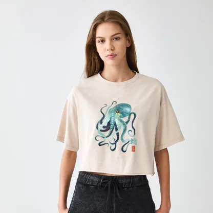 Tokyo-Tiger Soft Watercolor Octopus Japanese Art Women's Washed Crop T-Shirt