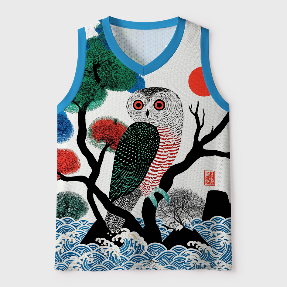 Tokyo-Tiger Ukiyo-e Owl Red Sun Pine Wave Mesh Tank Top