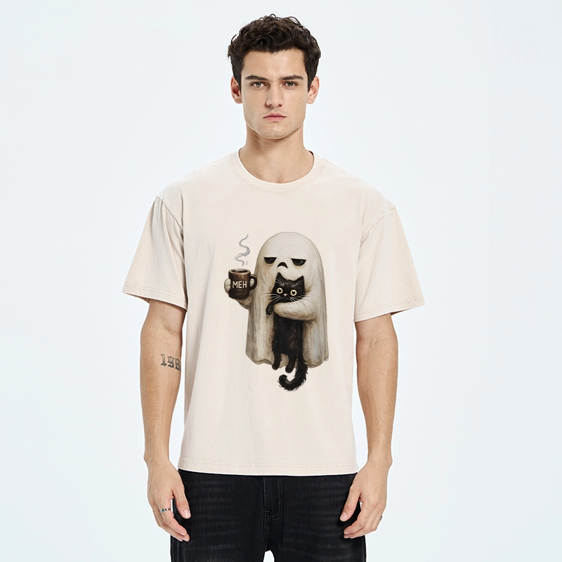 Tokyo-Tiger Ghost Cat Coffee Mood Washed T-Shirt