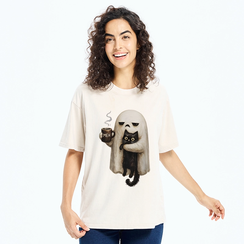 Tokyo-Tiger Ghost Cat Coffee Mood Washed T-Shirt