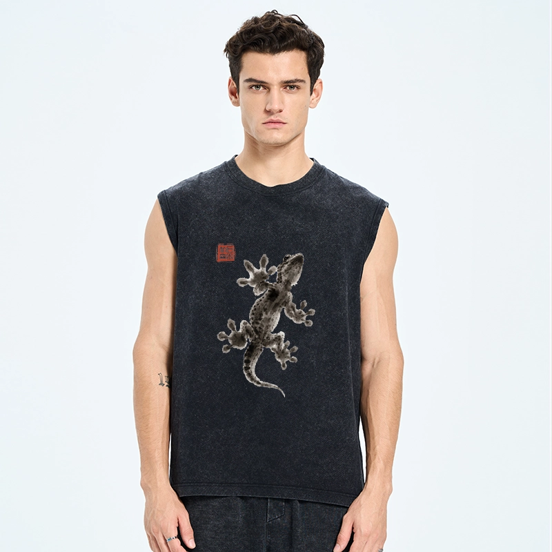 Tokyo-Tiger Minimal Asian Ink Brush Gecko Vibe Washed Tank