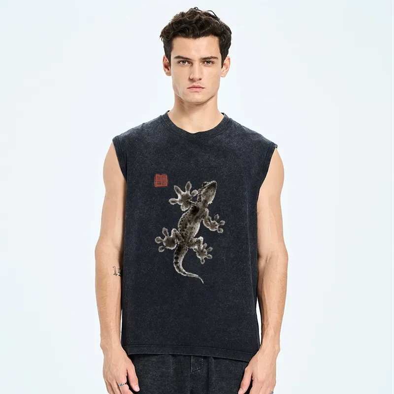 Tokyo-Tiger Minimal Asian Ink Brush Gecko Vibe Washed Tank