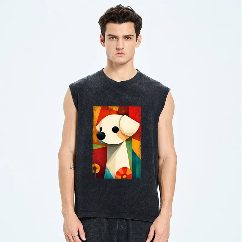 Tokyo-Tiger Retro Abstract Color Block Puppy Art Washed Tank