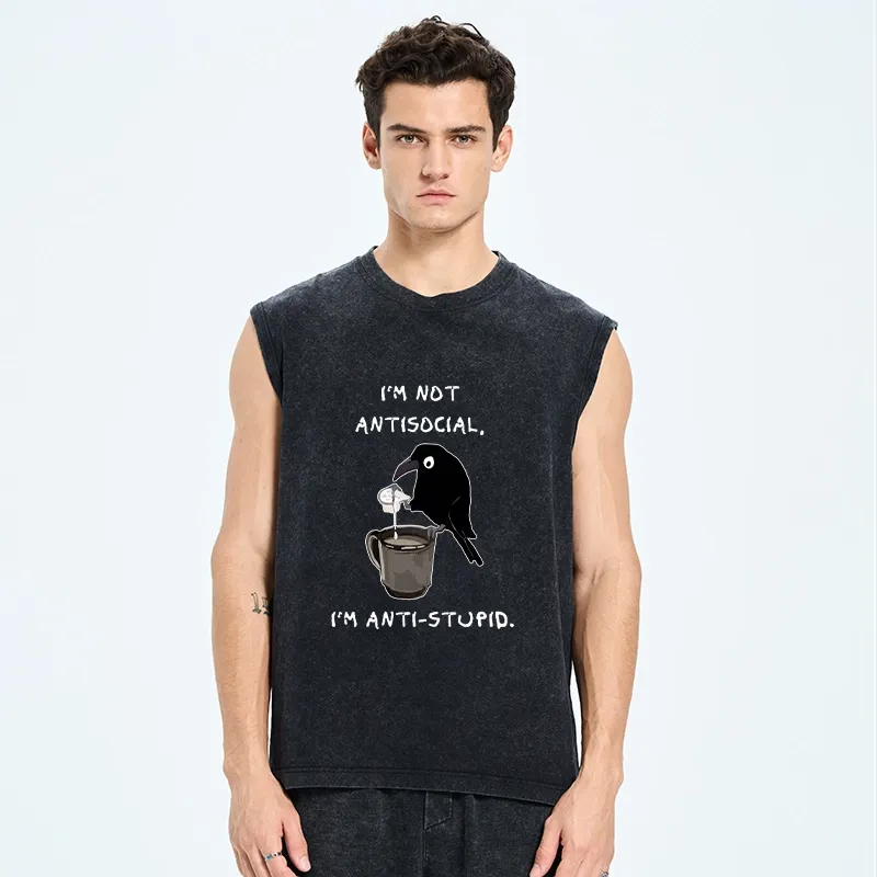 Tokyo-Tiger Cool Crow Sips Calm Coffee Alone Washed Tank