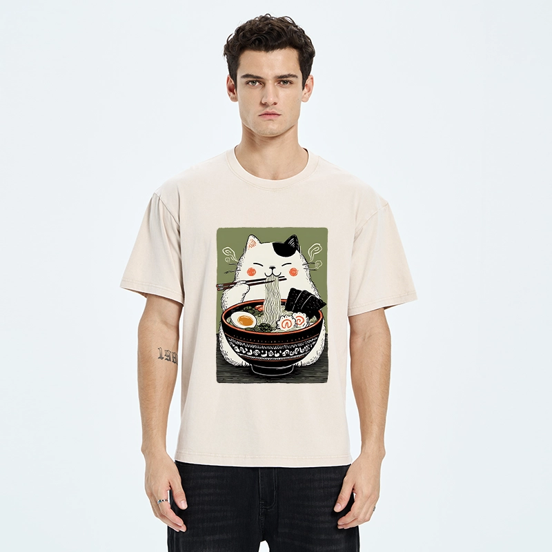 Tokyo-Tiger Cat Eating Ramen Meme Washed T-Shirt