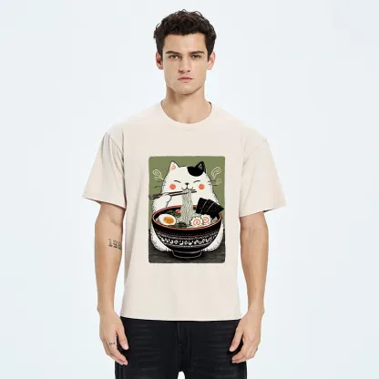 Tokyo-Tiger Cat Eating Ramen Meme Washed T-Shirt