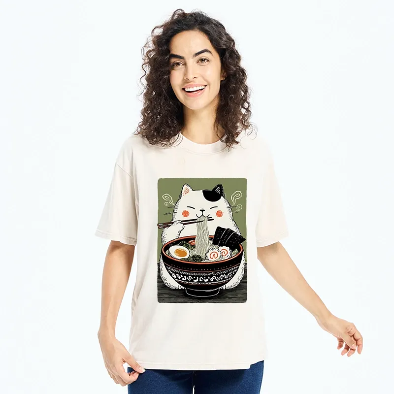 Tokyo-Tiger Cat Eating Ramen Meme Washed T-Shirt