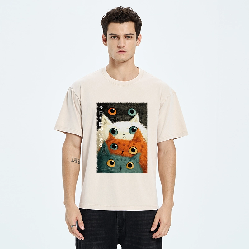Tokyo-Tiger Watching Stacked Cats Washed T-Shirt