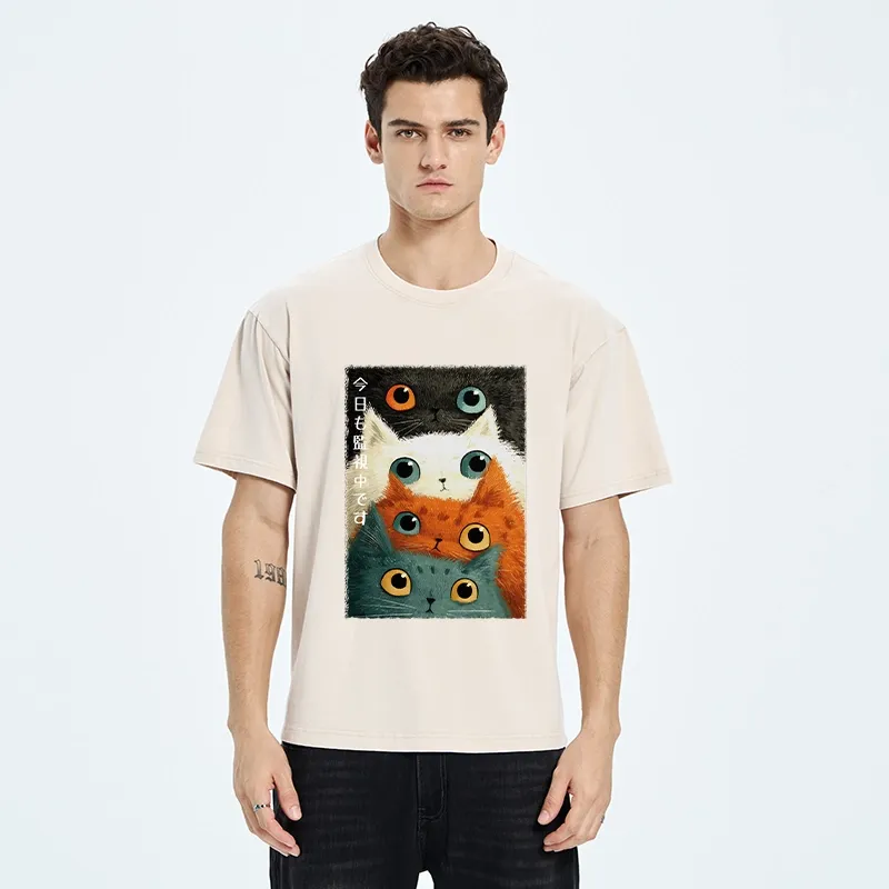 Tokyo-Tiger Watching Stacked Cats Washed T-Shirt